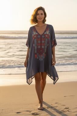 Biya Johnny Was Embroidered Boho Tunic Dress Gray Red Blue L Beach Cover Up
